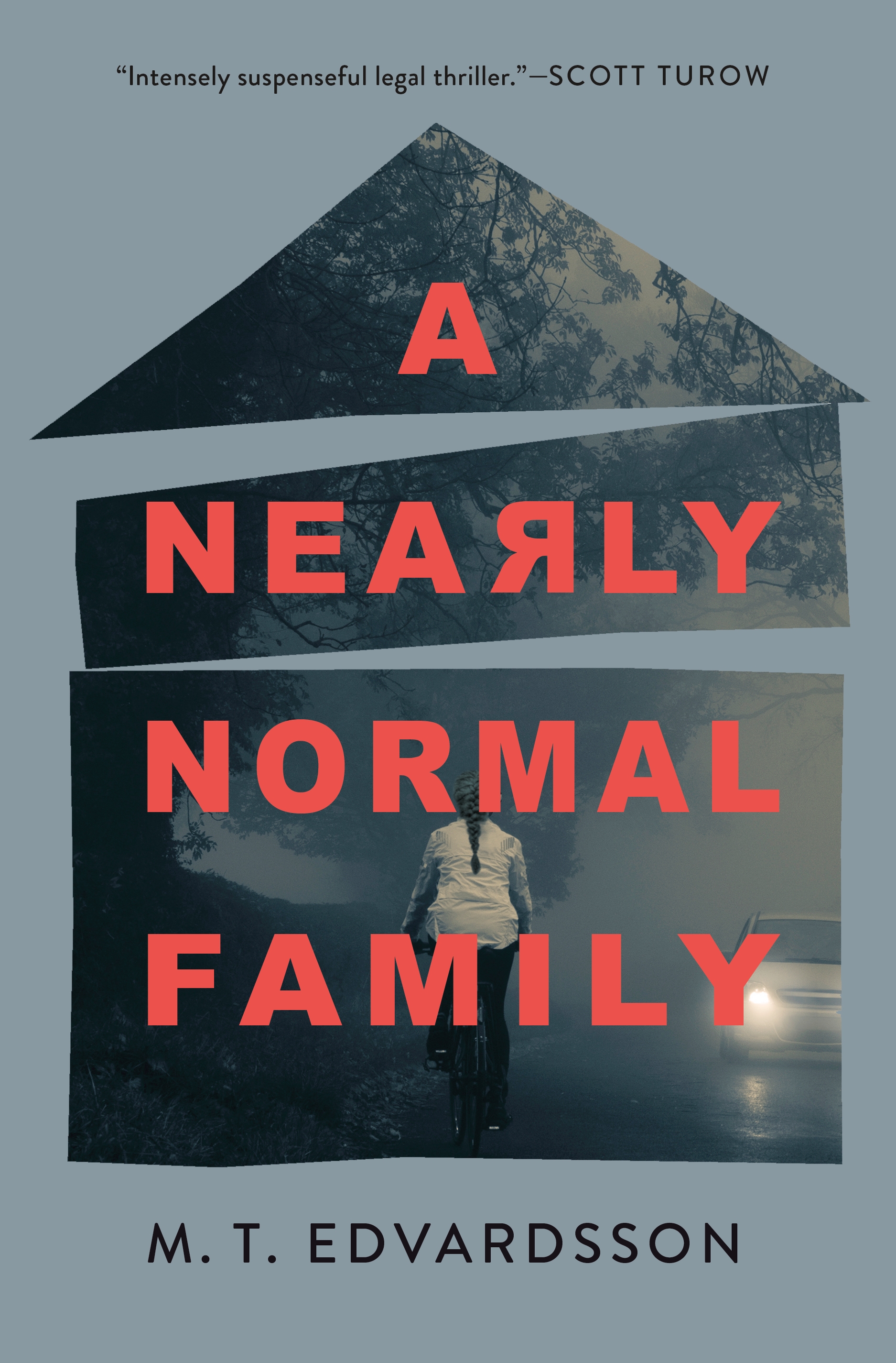 A book cover for the novel "a nearly normal family" by m. t. edvardsson, featuring a suspenseful scene with a silhouette of a person on a bicycle and a car on a foggy road, overlaid with intriguing geometric shapes and bold typography, evoking a sense of mystery and tension.