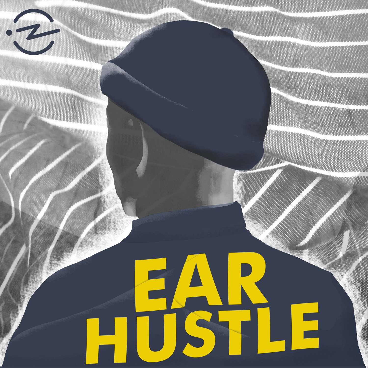 Silhouette of a person with a hat against a wavy line pattern background with the words 'ear hustle' in bold letters.