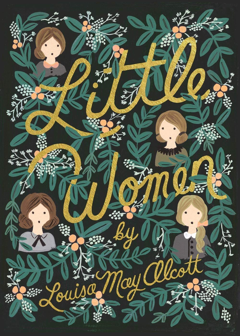 An artistic book cover illustration for "little women" by louisa may alcott, featuring stylized portraits of the four march sisters surrounded by a lush floral arrangement with the title in decorative lettering.