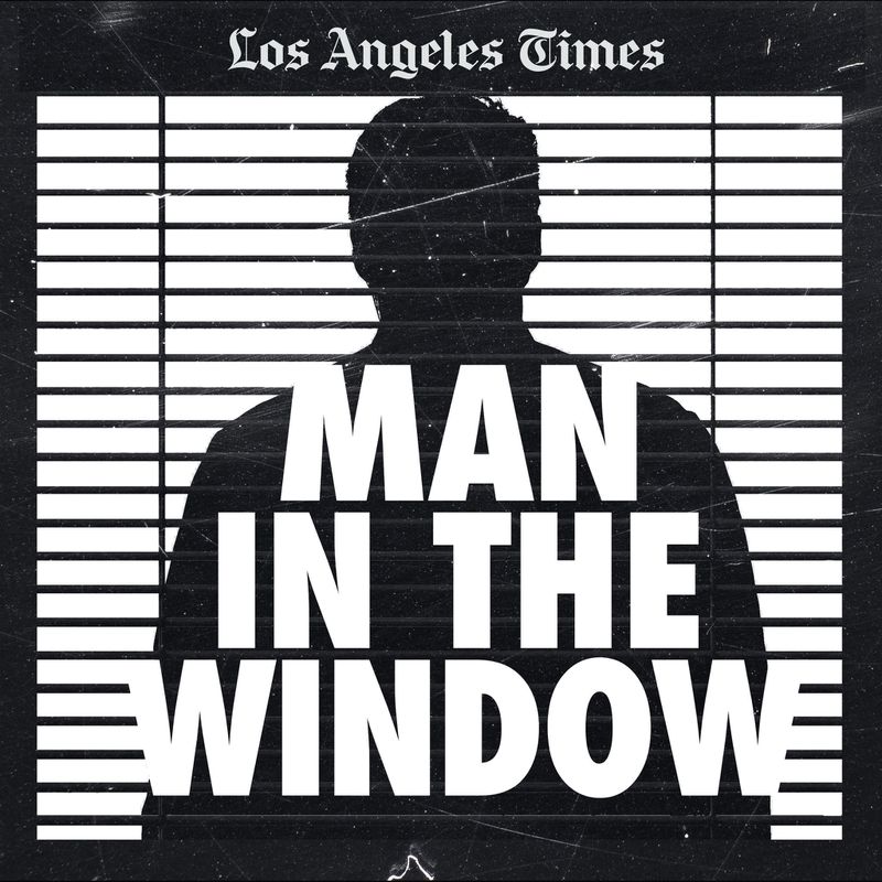 Silhouette of a mysterious figure against a newspaper backdrop with the headline 'man in the window' - evoking a sense of intrigue and suspense.
