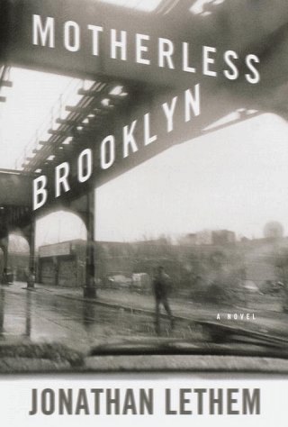 A somber, rainy day in an urban landscape, with an elevated subway structure in the background and a solitary figure walking away, captured in grayscale to evoke a sense of nostalgia or reflection, perfectly setting the mood for the novel titled "motherless brooklyn" by jonathan lethem.