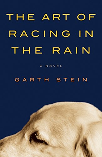 Cover of the novel "the art of racing in the rain" by garth stein, featuring a close-up of a golden retriever against a deep blue background.