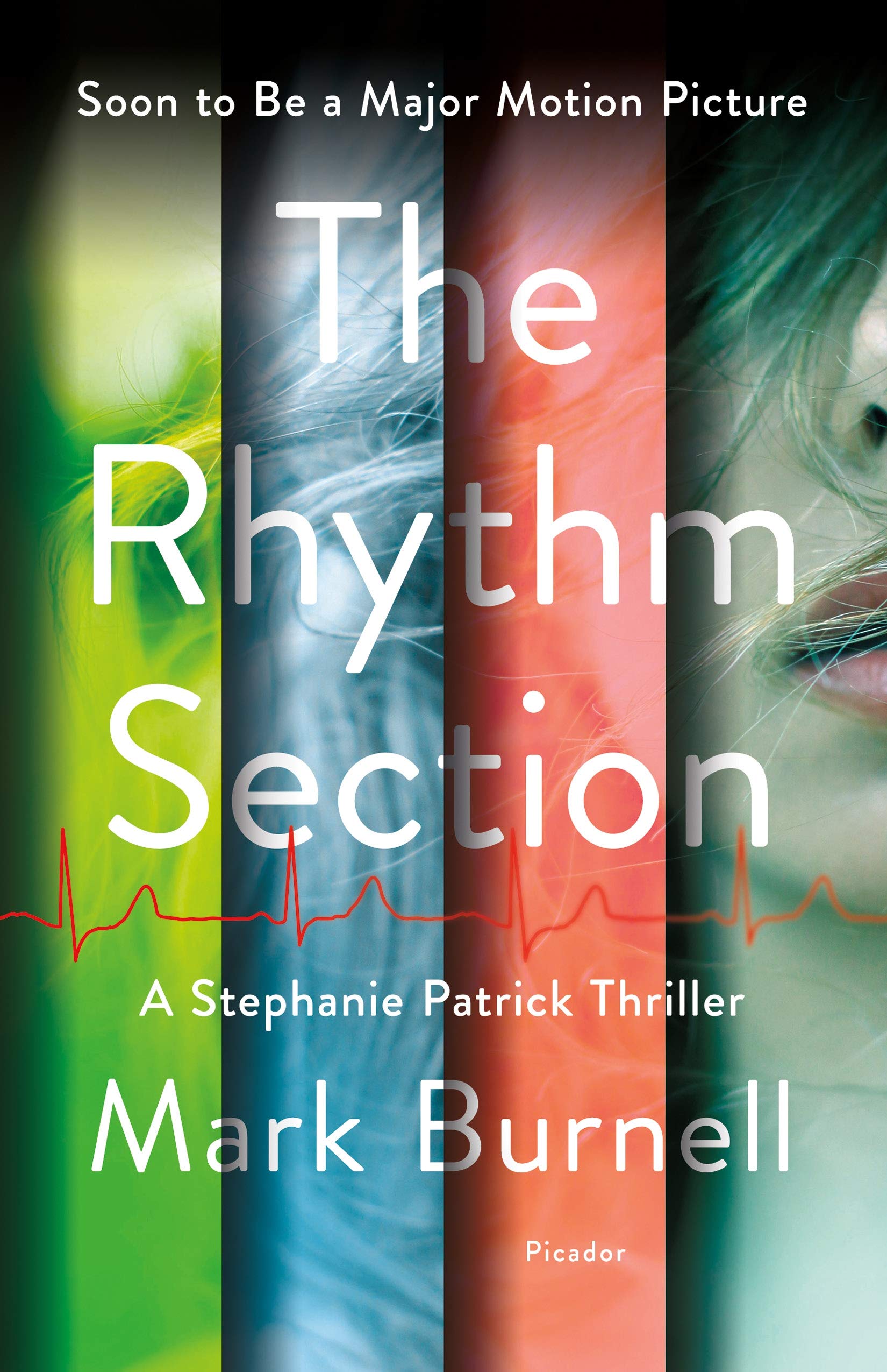 A suspenseful book cover for 'the rhythm section' by mark burnell, teasing a major motion picture adaptation with an intriguing close-up of a woman's face partially hidden by shadow, hinting at the thriller's intensity.