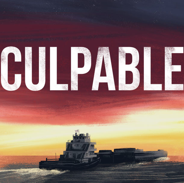 Silhouette of a tugboat against a dramatic sunset, with the word 'culpable' overlayed, evoking themes of mystery and responsibility at sea.
