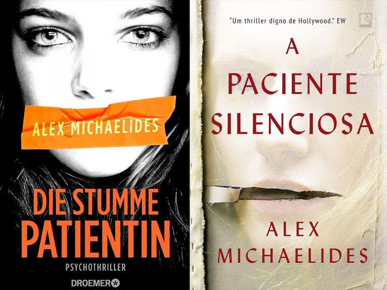 Two international editions of alex michaelides' novel "the silent patient" side by side, showcasing the title in german as "die stumme patientin" and in portuguese as "a paciente silenciosa.