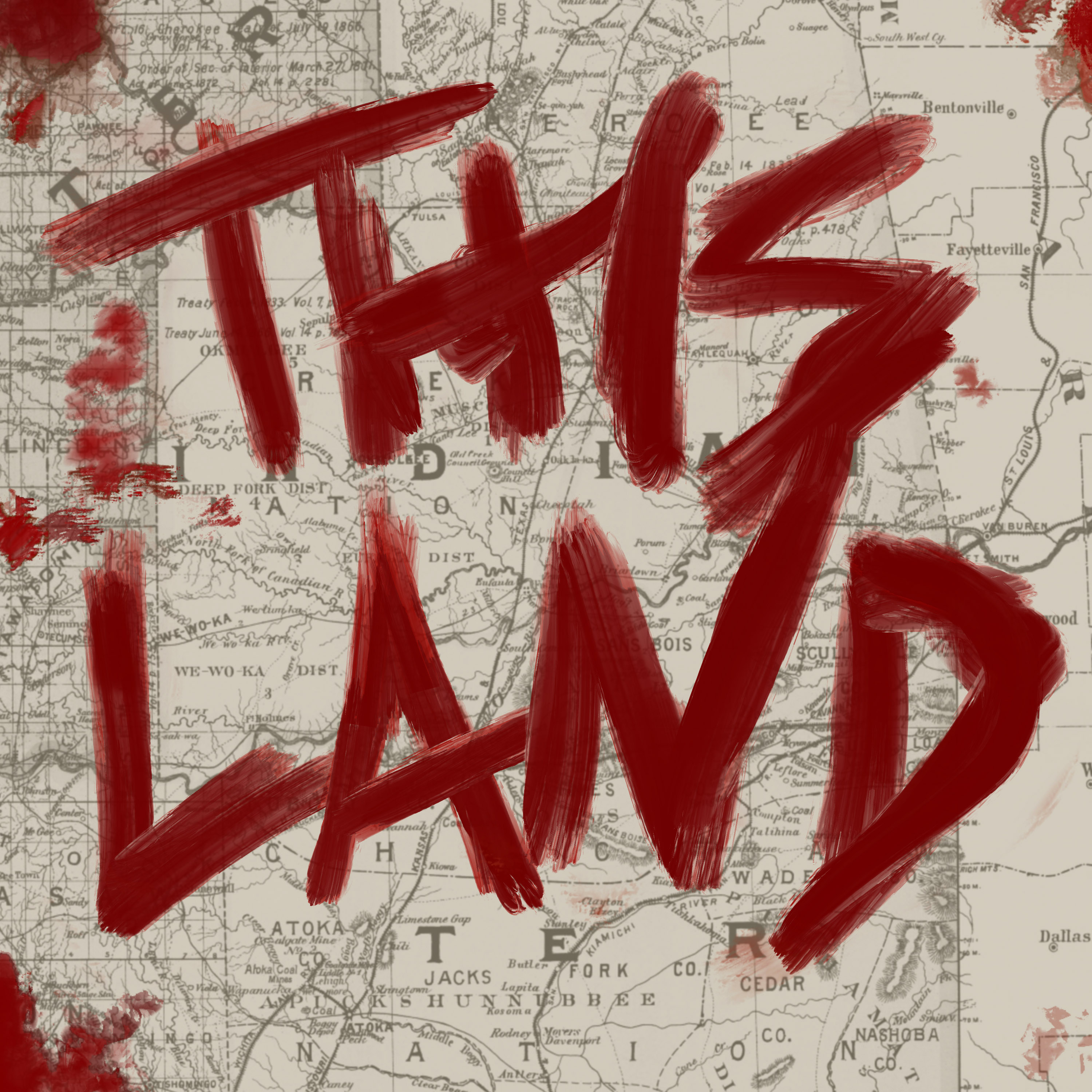 Bold red strokes spelling 'this land' over a vintage map background, evoking themes of territory and ownership.