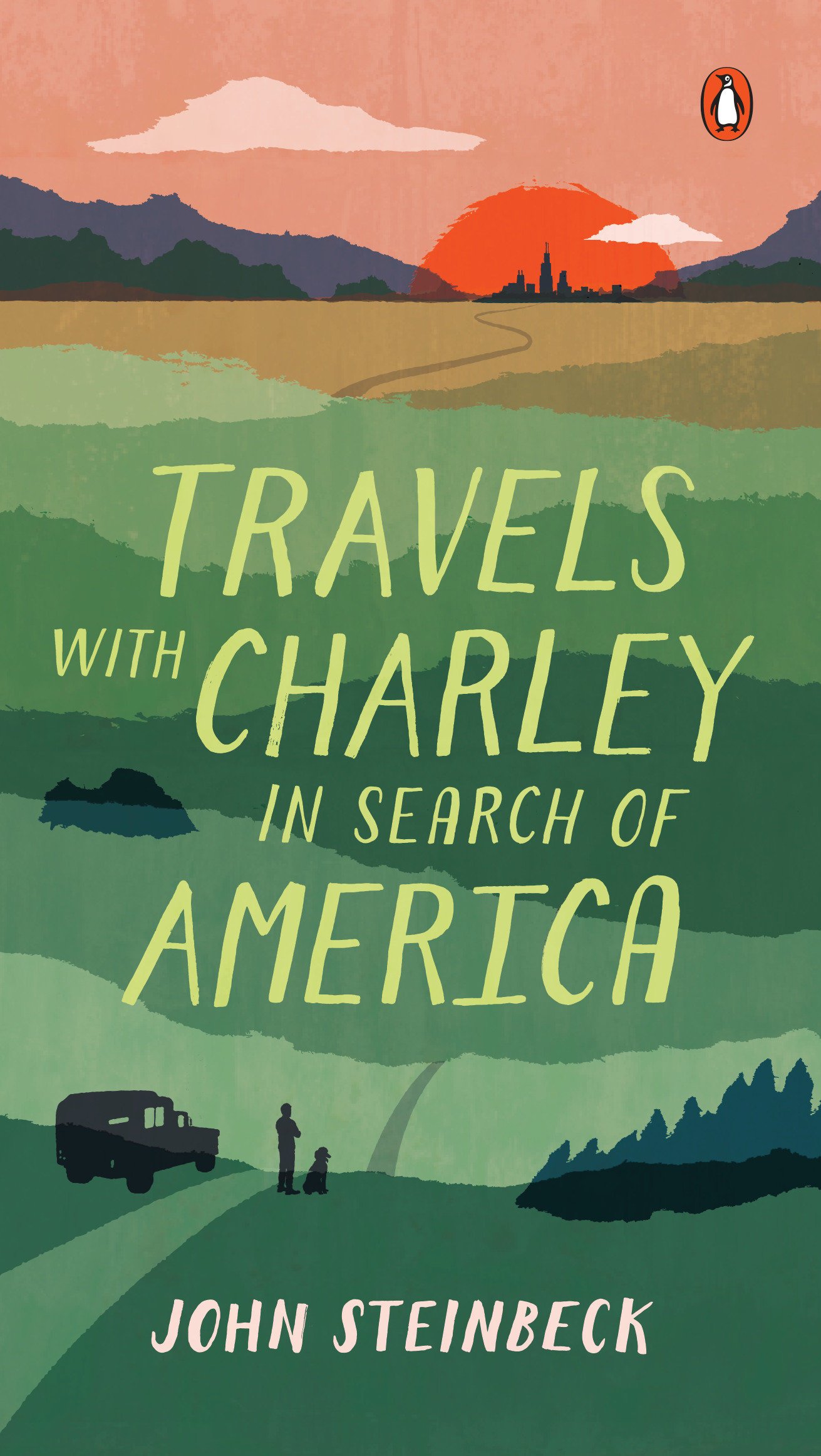 A book cover illustration for "travels with charley in search of america" by john steinbeck, featuring a picturesque landscape at sunset with a camper van, a person, and a dog.