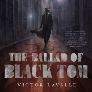 A mysterious figure in a suit and hat walks down a dimly lit street, holding a guitar case. Book title: "The Ballad of Black Tom.