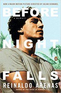 A book cover featuring the title "before night falls" by reinaldo arenas, with an image of a pensive man closing his eyes and tilting his head upward against a backdrop of palm trees and a clear sky.