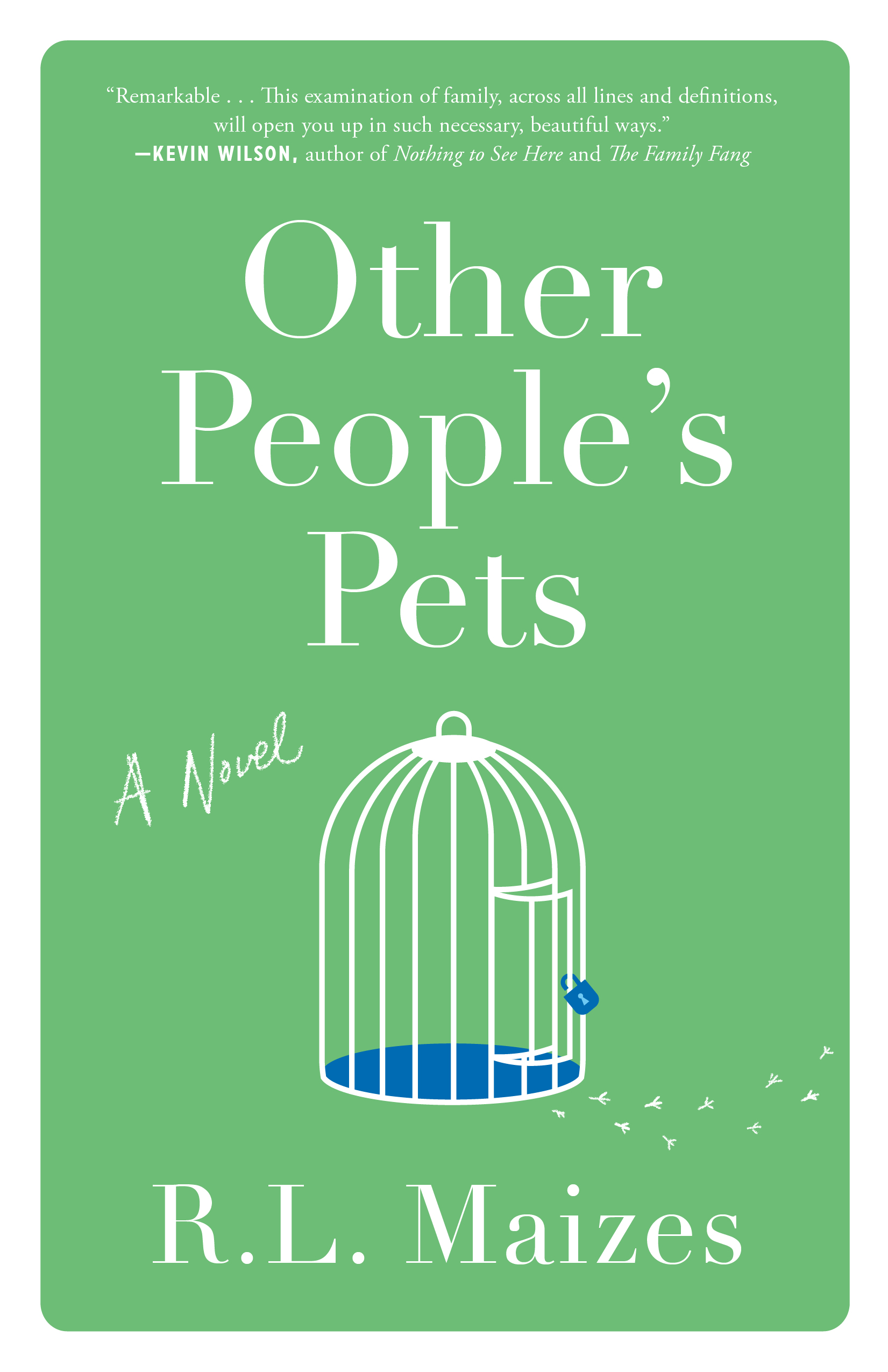 A book cover for "other people's pets" by r.l. maizes featuring a minimalist design with a birdcage graphic and a positive quote from author kevin wilson.