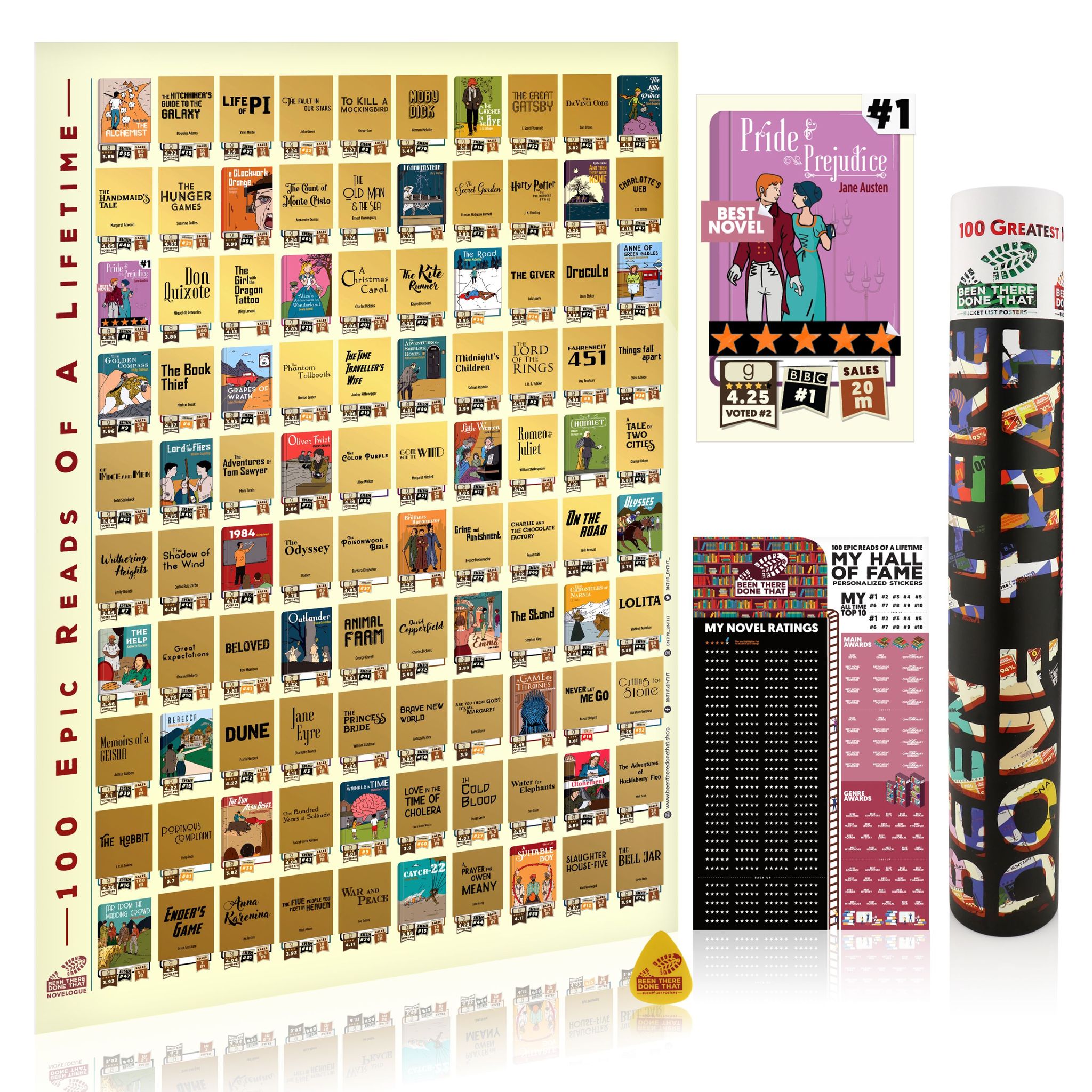 A collection of classic and contemporary literature depicted as a "100 books scratch off bucket list" poster with accompanying scratch-off key and tube packaging.