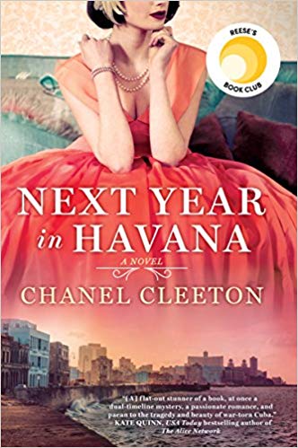 A woman in a flowing red dress sits contemplatively, her pearl necklace and elegant hairstyle evoking a sense of retro glamour. the backdrop suggests an old-world charm, hinting at a historical narrative. the book cover is for "next year in havana" by chanel cleeton, a novel selected for reese's book club, with glowing endorsements highlighting its rich storytelling.
