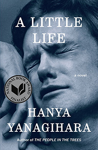 A contemplative individual with closed eyes, seemingly in a state of distress or deep emotion, cradled by hands on the cover of hanya yanagihara's novel "a little life," which is noted as a finalist for the national book award.