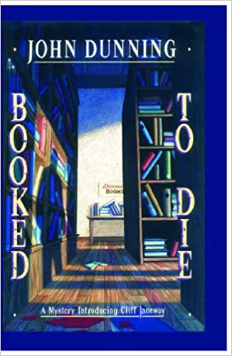 A book cover for "booked to die" by john dunning, featuring a mysterious illustration of a narrow passageway lined with bookshelves leading towards a brightly lit opening.