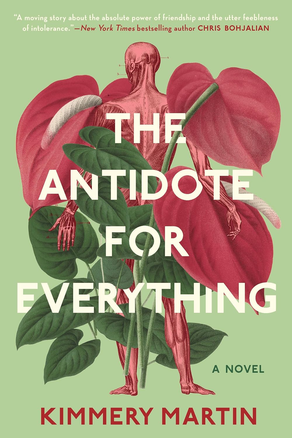 Book cover for "The Antidote for Everything" by Kimmery Martin, featuring leaves and a human anatomy illustration.