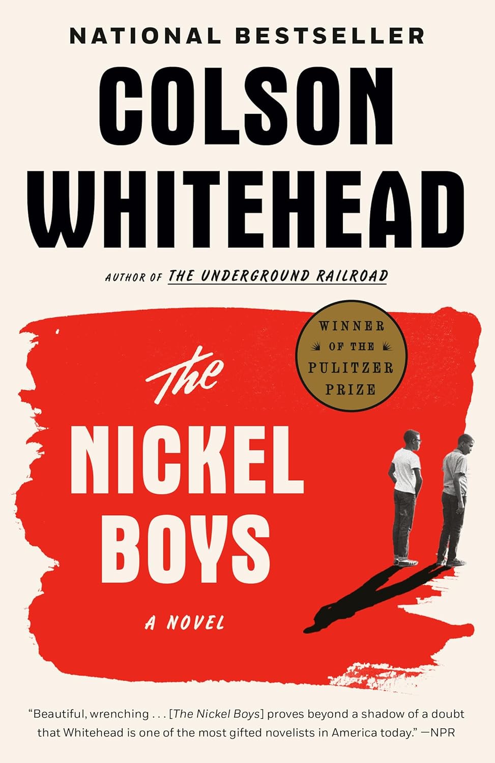 Book cover of "The Nickel Boys" by Colson Whitehead, featuring two boys standing in shadow on a red background.
