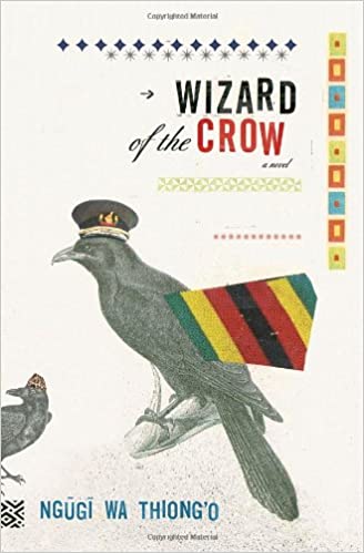An evocative book cover featuring a crow with vibrant geometric patterns and a small silhouette of a person, suggesting themes of magic and mystery within the novel 'wizard of the crow' by ngũgĩ wa thiong'o.