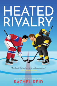 Two hockey players face off on ice, with "Heated Rivalry" book title above them.