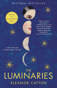 Book cover for "The Luminaries" showing a woman's face in moon phases with gold stars on a blue background.
