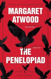 Red book cover of "The Penelopiad" by Margaret Atwood, with black silhouettes of flying birds.
