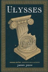 Book cover of "Ulysses" by James Joyce featuring a broken Greek column with a maze design in the center.