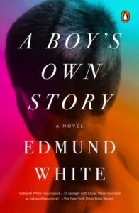 A colorful book cover featuring the silhouette of a boy's head with a vibrant gradient background, showcasing the novel 'a boy's own story' by edmund white.
