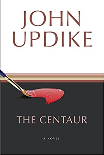 Cover of john updike's novel 'the centaur,' depicting a minimalistic design with a paintbrush applying a stroke of red paint on a black background.