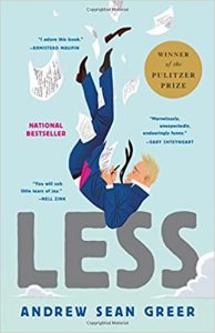 A book cover illustration showing a man in a blue suit tumbling through the air surrounded by scattered papers, with various praises and accolades mentioned, including being a national bestseller and a pulitzer prize winner.