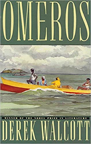 Illustration of individuals in a small boat on calm waters, possibly fishermen, against a coastal background, for derek walcott's "omeros.