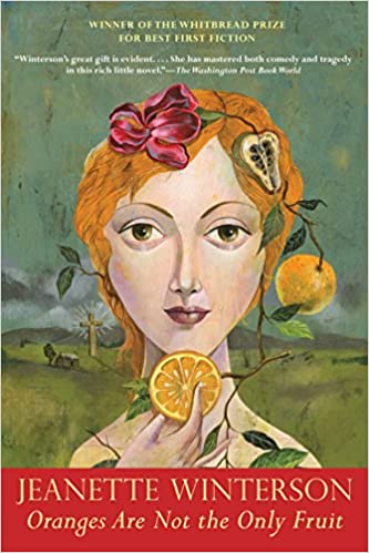 An artistic book cover illustration featuring a woman with symbolic fruit elements integrated into her portrait, symbolizing themes of identity and diversity, for jeanette winterson's acclaimed novel 'oranges are not the only fruit.'.