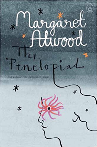 A book cover for "the penelopiad" by margaret atwood, featuring a minimalist illustration of a woman's profile with an intricate embellishment on her head, set against a backdrop of a starry night sky with the title in elegant script.