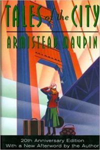 A colorful book cover featuring an illustration of the golden gate bridge with a stylized depiction of a person standing in the foreground, holding binoculars, alongside the title "tales of the city" by armistead maupin, celebrating the 20th anniversary edition with a new afterword by the author.