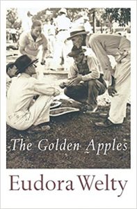 A nostalgic black and white photo depicting a gathering of people in what appears to be a casual outdoor setting, possibly from the early to mid-20th century, featured on the cover of eudora welty's book "the golden apples.