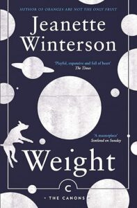 Book cover: "Weight" by Jeanette Winterson, with white circles and a leaping animal on a dark blue background.