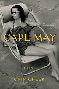Elegance and nostalgia: a woman lounging in a vintage swimsuit and sunglasses, the embodiment of classic summer chic on the cover of 'cape may'.