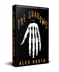 Book cover of "the shadows" by alex north, featuring a stark design with an eerie, shadowy handprint.