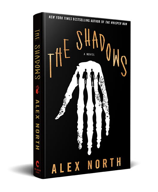 Book cover of "the shadows" by alex north, featuring a stark design with an eerie, shadowy handprint.