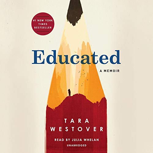 The image is a cover of the book "educated: a memoir" by tara westover. it features a pencil with the lower half sharpened to the lead, artistically transitioning into a mountain landscape scene, indicating a metaphorical journey from basic foundations to broader horizons, reflective of the author's own life story.