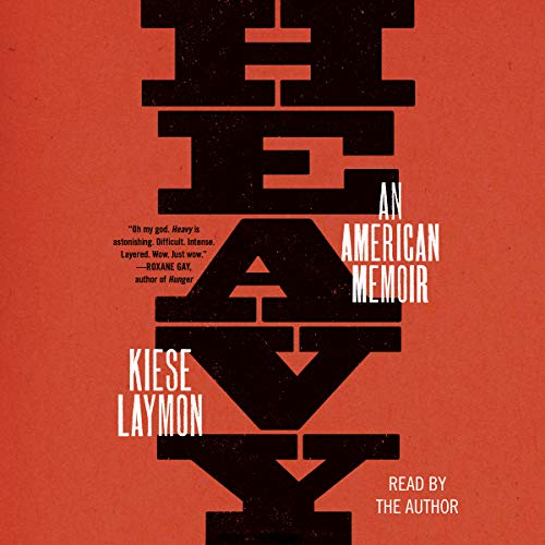 A graphic design for the cover of "heavy: an american memoir" by kiese laymon, featuring bold typography and abstract elements on a red background.