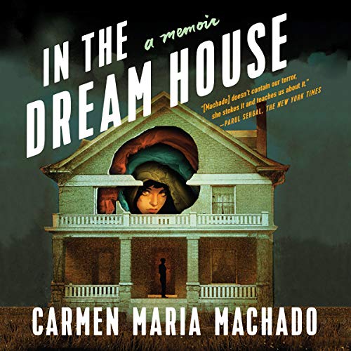 A haunting book cover with the title "in the dream house" featuring an eerily lit house under a dark sky, with the silhouette of a person standing in the doorway and a ghostly face looming in the window above, evoking a sense of mystery and foreboding.