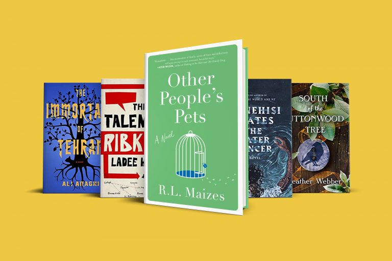 A colorful collection of books displayed against a yellow background, with the central book titled "other people's pets" by r.l. maizes.