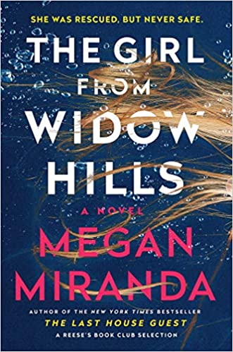 A gripping book cover for "the girl from widow hills" by megan miranda, teasing a suspenseful story with an intense atmosphere, highlighted by dark, stormy visuals and a sense of foreboding.