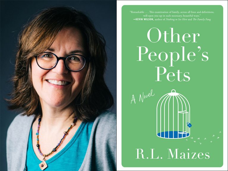 Professional portrait of a woman with a warm smile, paired with a cover of a book titled "other people's pets" by r.l. maizes.