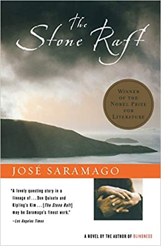 The stone raft" book cover by josé saramago, featuring a somber sky and the silhouette of a couple's intertwined hands, depicting a tale of surreal magnitude from the nobel prize-winning author.