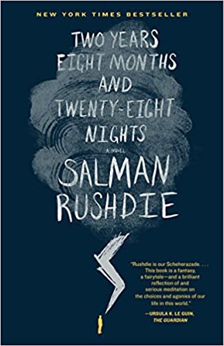 A book cover featuring the title 'two years eight months and twenty-eight nights' by author salman rushdie, with graphical elements that evoke a sense of mystery and the fantastical.