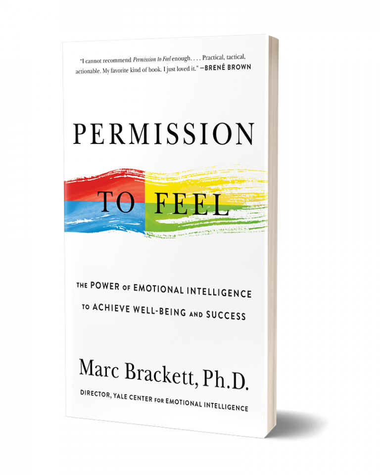 A book titled "permission to feel" by marc brackett, ph.d., which aims to empower individuals to achieve emotional well-being and success, featuring endorsements and a colorful cover design representing emotional expression.