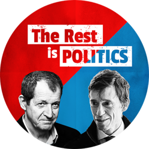 Two men in front of a red and blue background with the text "The Rest is Politics" above them.