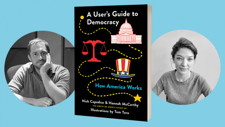 A promotional graphic featuring the book "a user's guide to democracy: how america works" by nick capodice & hannah mccarthy, with illustrations by tom toro, flanked by portraits of the two authors on either side.