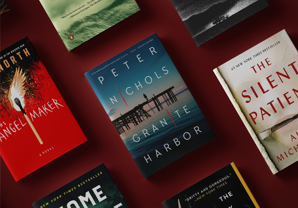 Books displayed on a red surface, including "The Silent Patient" and "Granite Harbor.