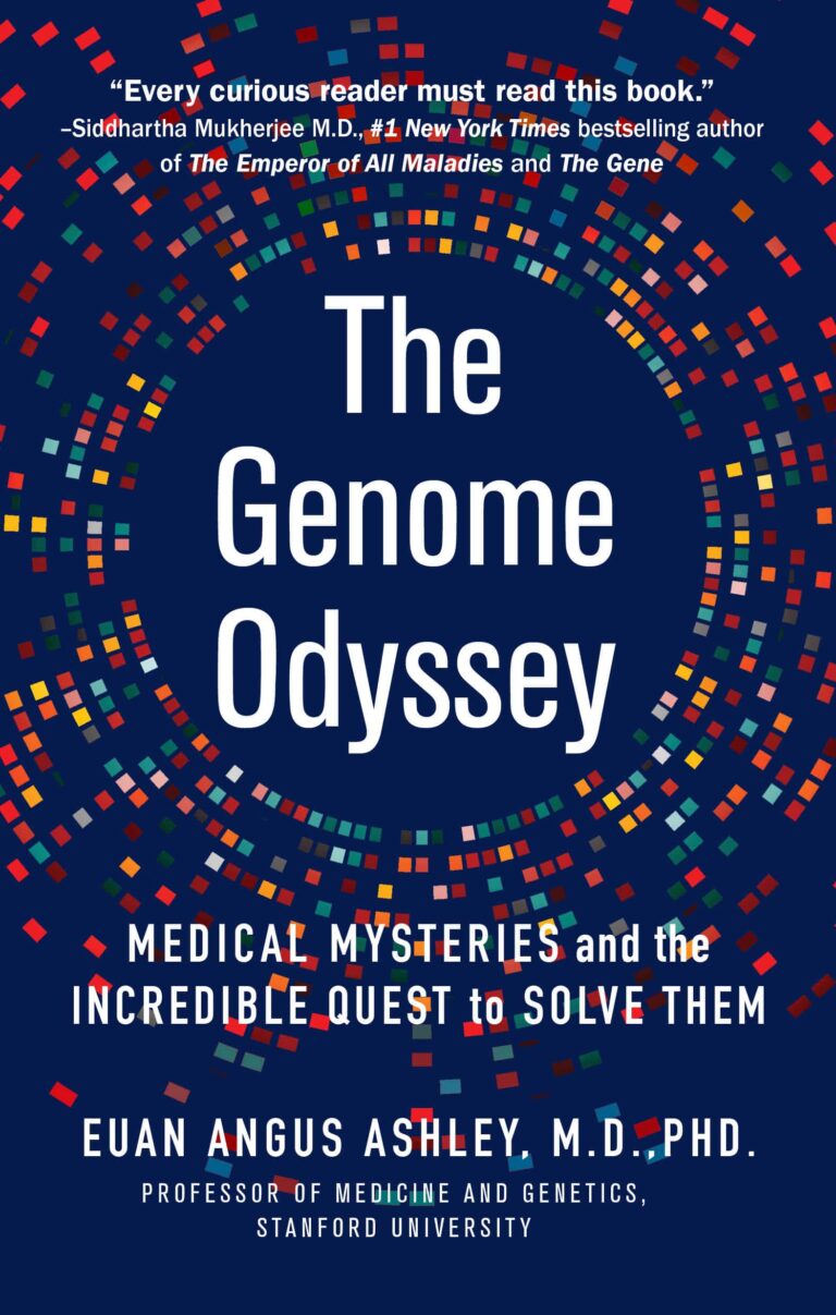 A vibrant book cover for "the genome odyssey" featuring glowing reviews, with a central focus on dna-inspired graphics symbolizing the intricate mysteries of genetic science.